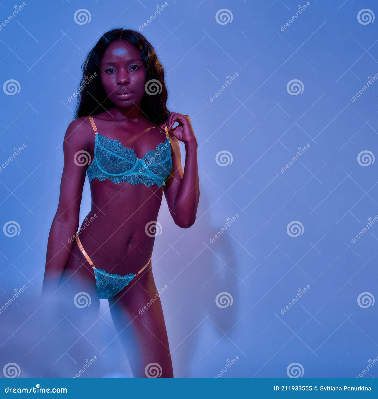 Hot African American Young Woman with Perfect Slim Body Wearing Lace  Lingerie Looking at Camera, Adjusting Bra Stock Image - Image of female,  bright: 211933555