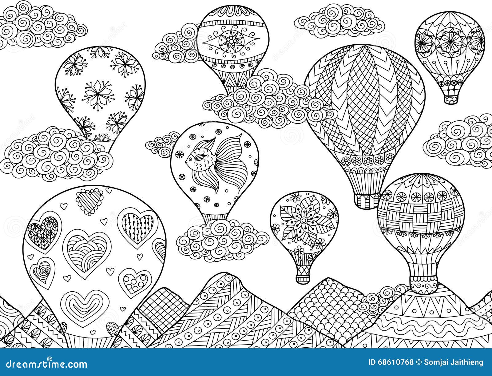 Hot air balloon flying zentangle stylized for coloring book for anti stress for both adult and children stock