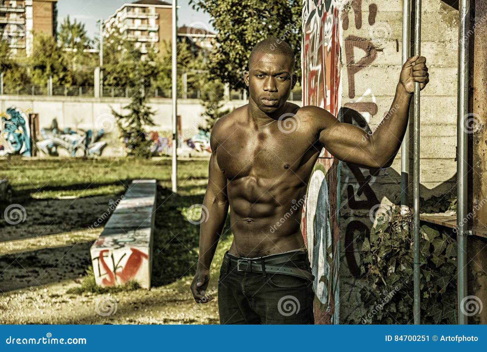 Hot Buff Black Man Posing Outdoor Stock Photo - Image of shirtless, torso:  84717982