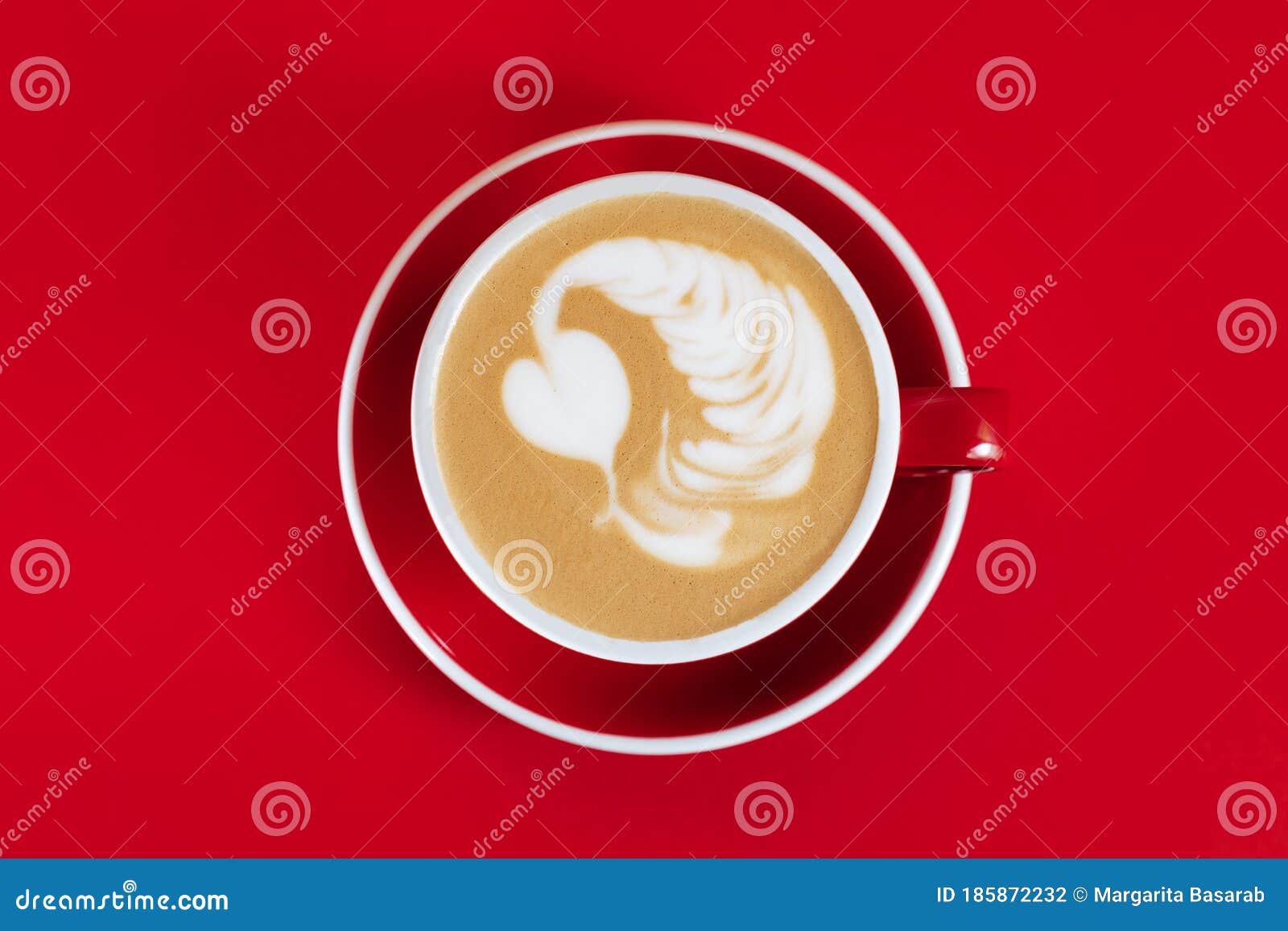 Hot Cappuccino on Red Table Stock Photo Image of fresh, flat 185872232