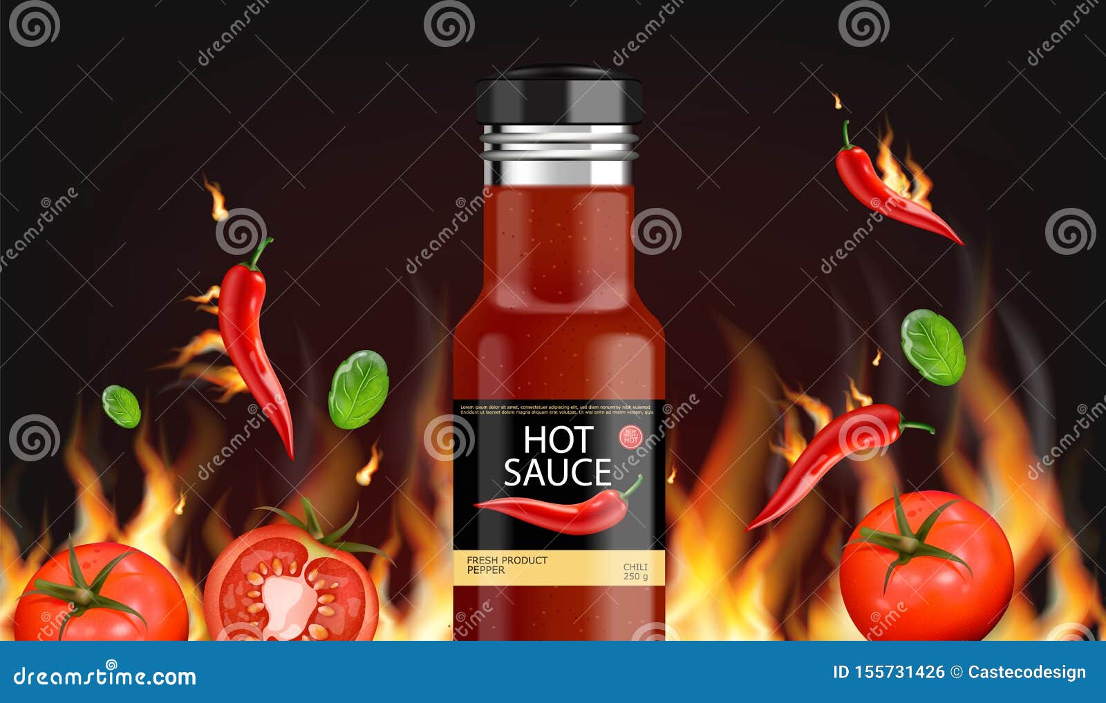 Download Hot Chili Sauce Fire Background Vector Realistic. Product Placement Mock Up Bottle. Label Design ...
