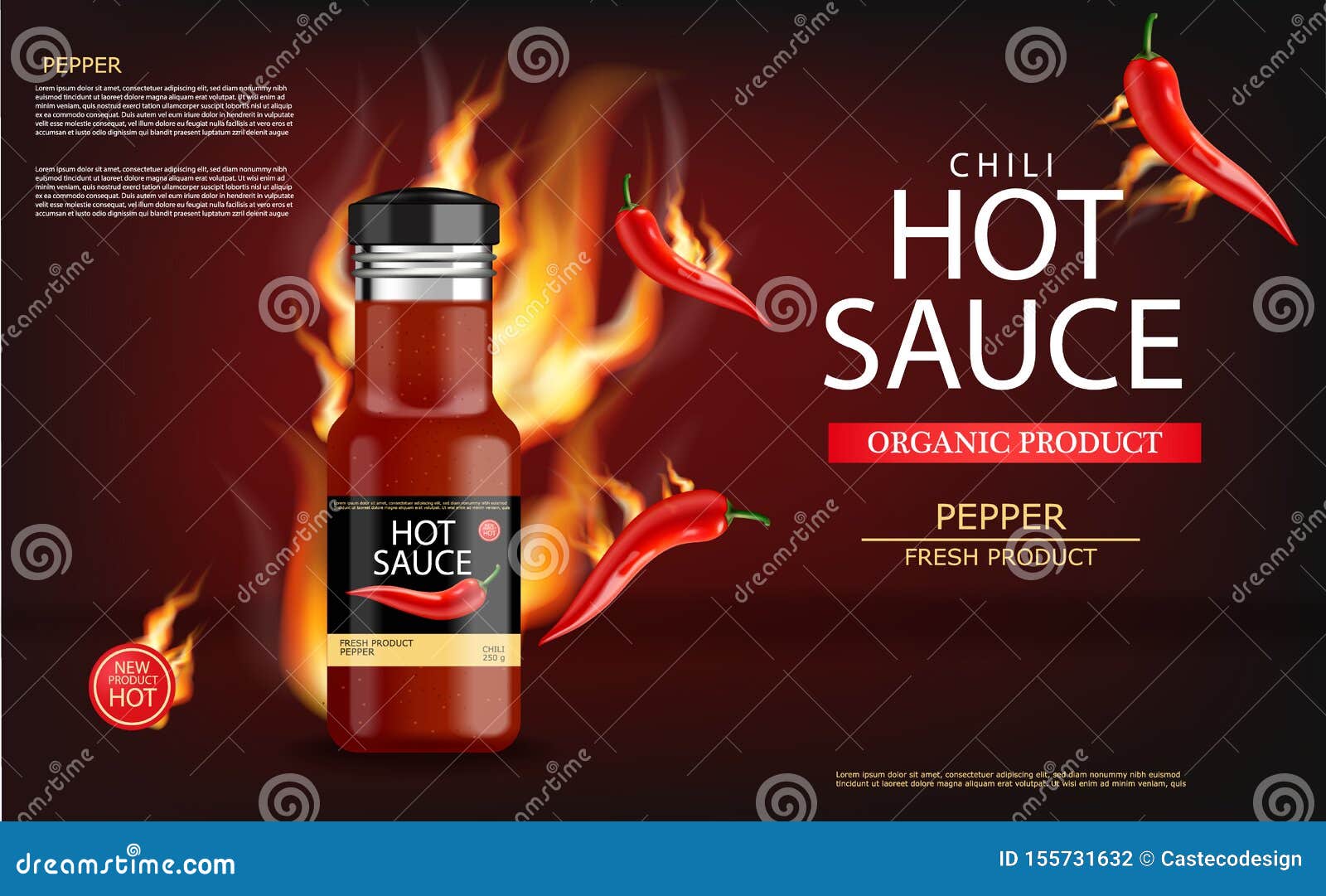 Download Hot Chili Sauce On Fire Vector Realistic. Product Placement Mock Up Bottle. Label Design ...