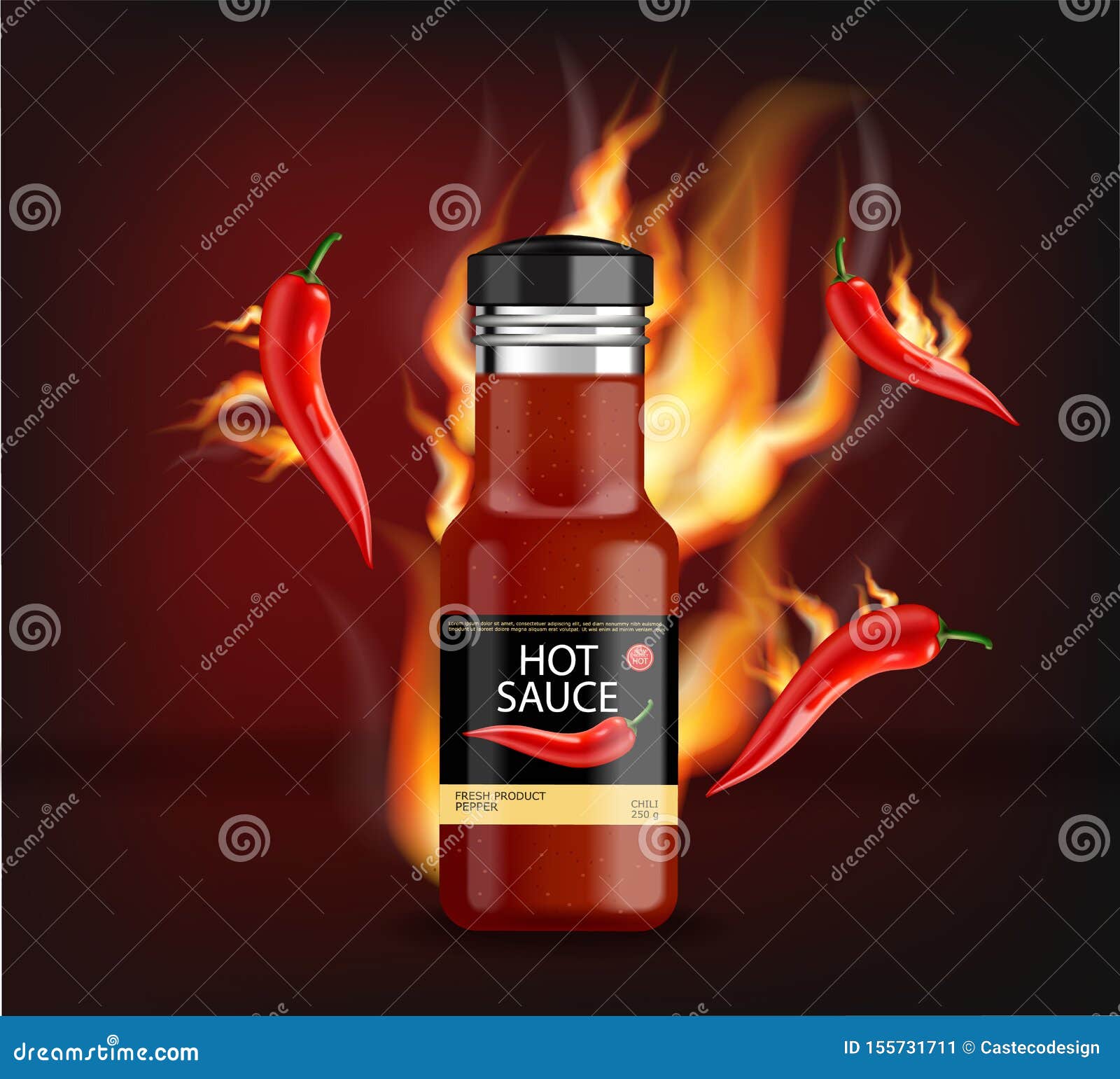 Download Hot Chili Sauce On Fire Vector Realistic. Product Placement Mock Up Bottle. Label Design ...
