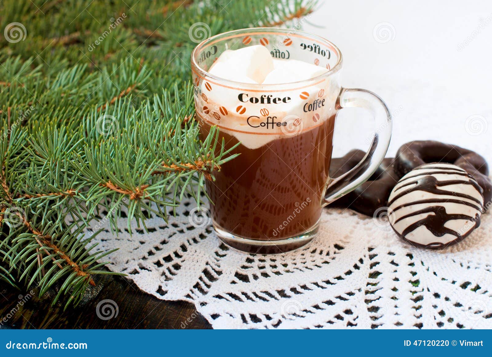 Hot Chocolate in a Glass Cup with Marshmallows Fir Branches. Stock ...