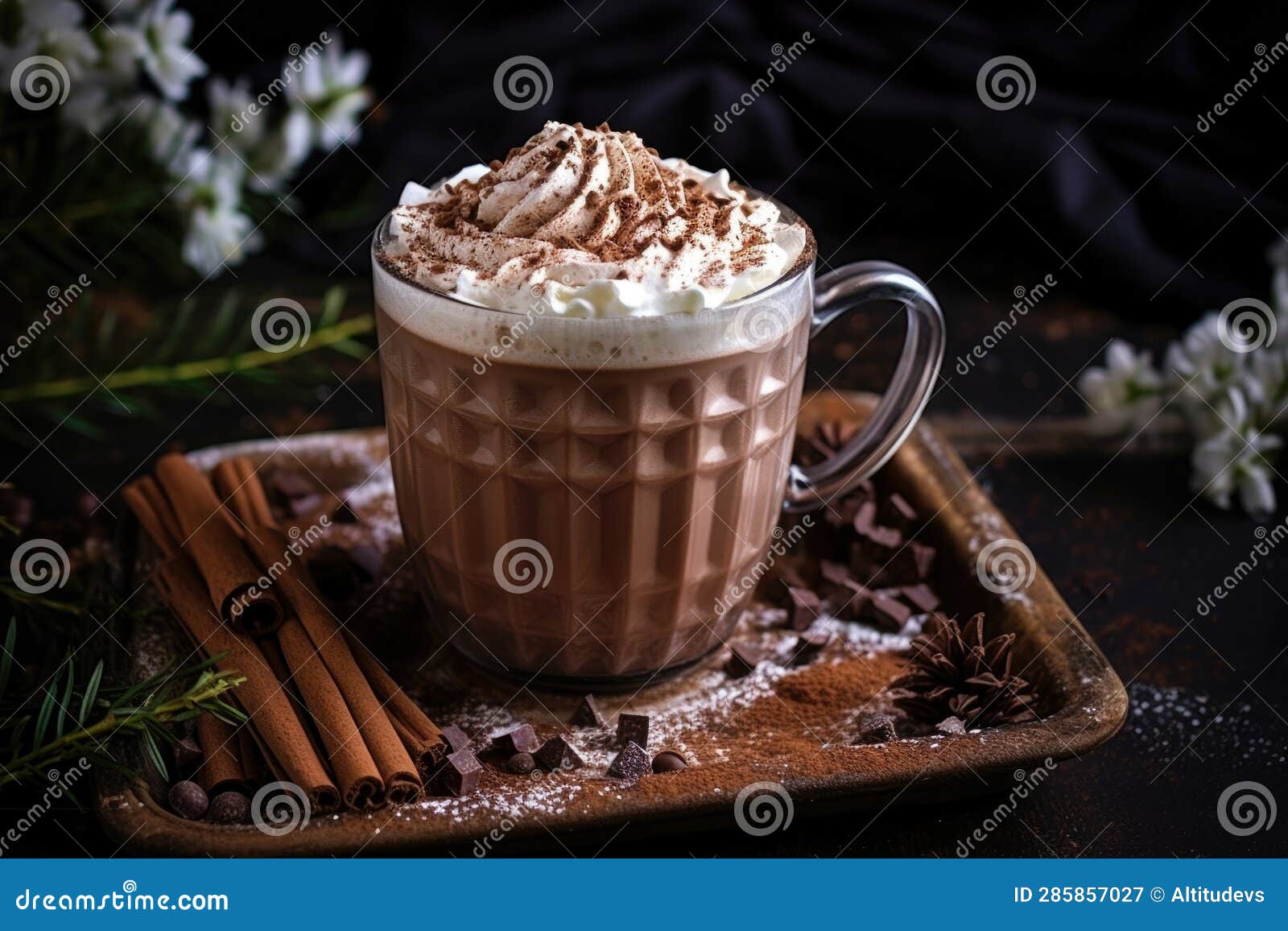 Hot Chocolate with Whipped Cream and a Dusting of Cocoa Powder Stock