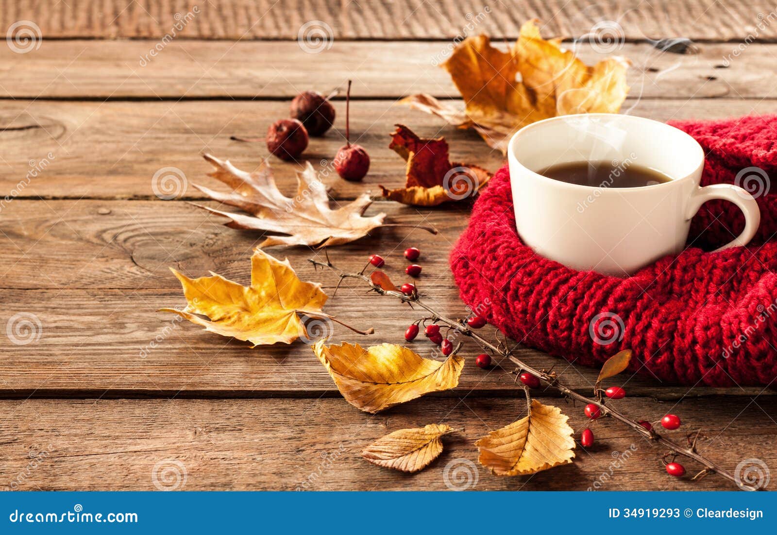 Hot Coffee Autumn Leaves Vintage Wood Background Stock 