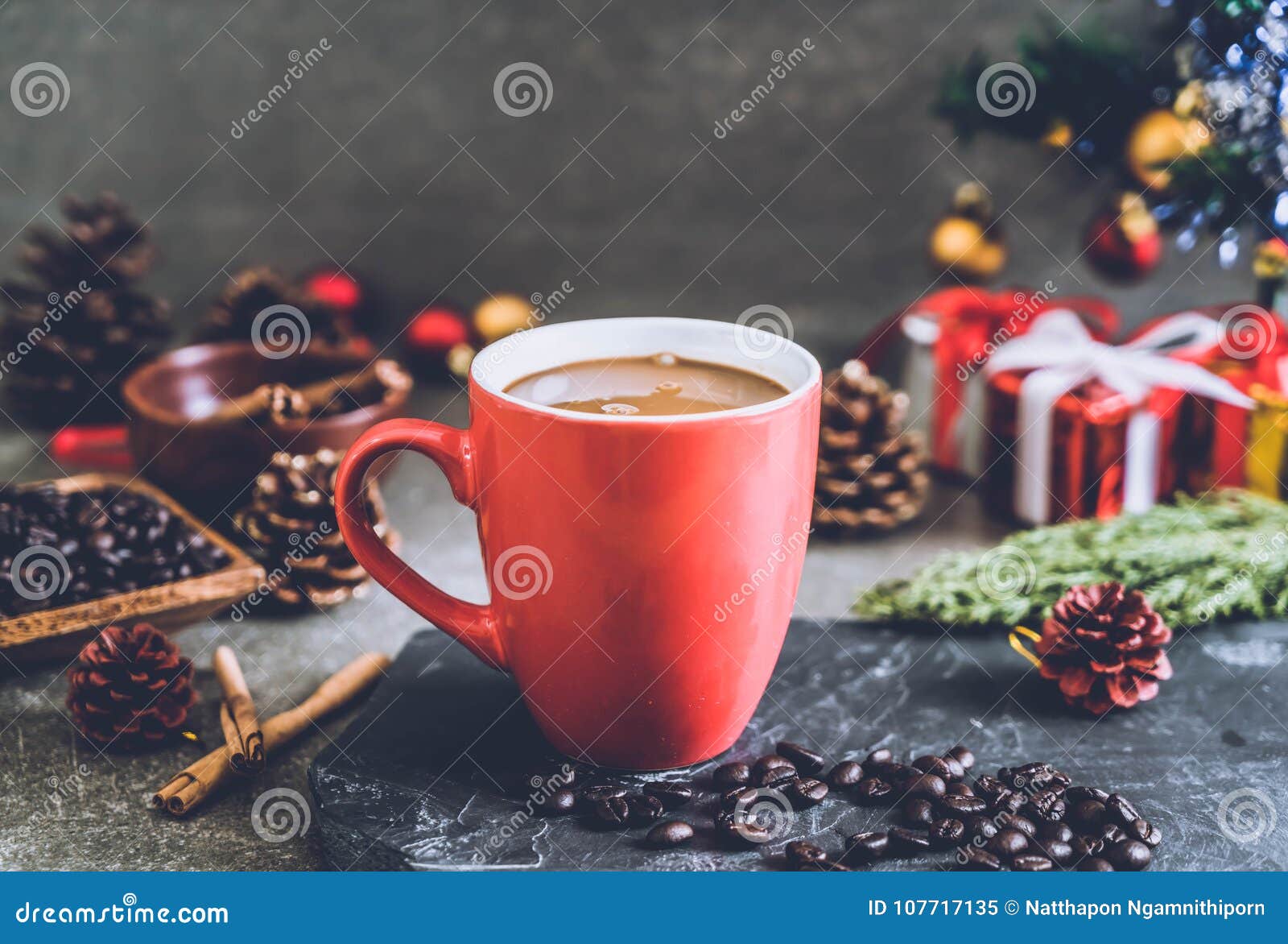 Hot Coffee Cup with Christmas Decoration Stock Image - Image of cocoa ...