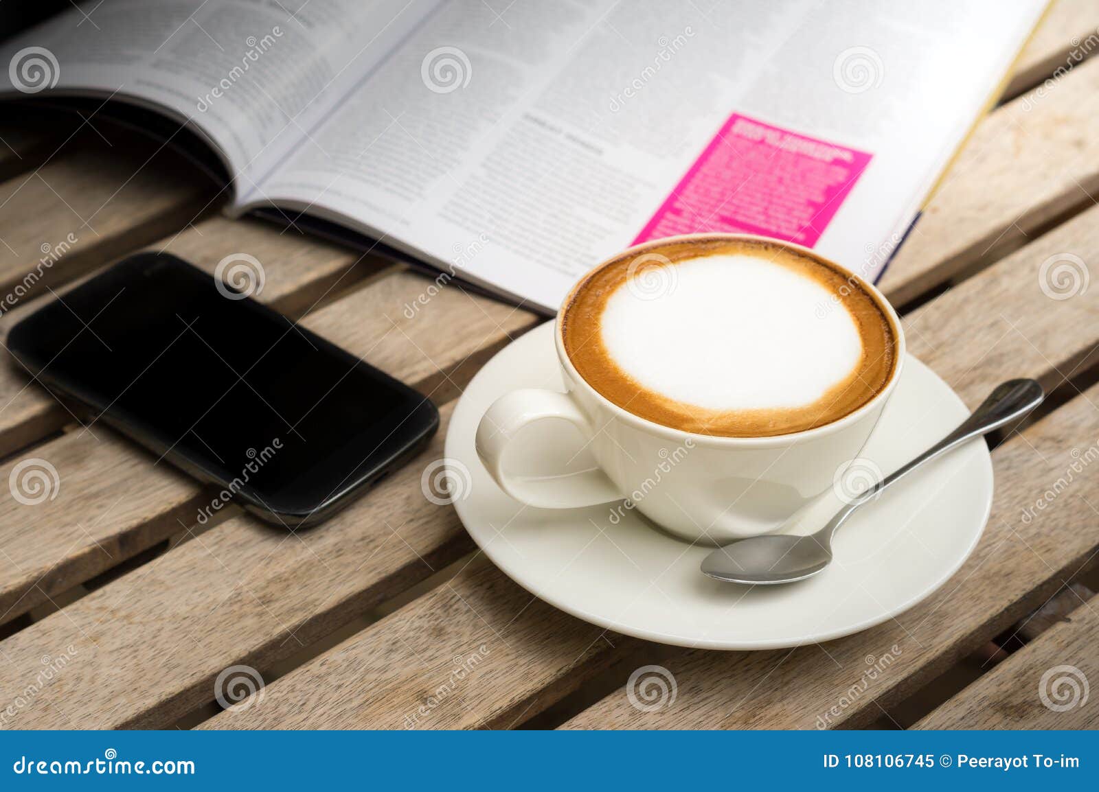Hot Coffee with Mobile Phone on Table. Stock Image Image of