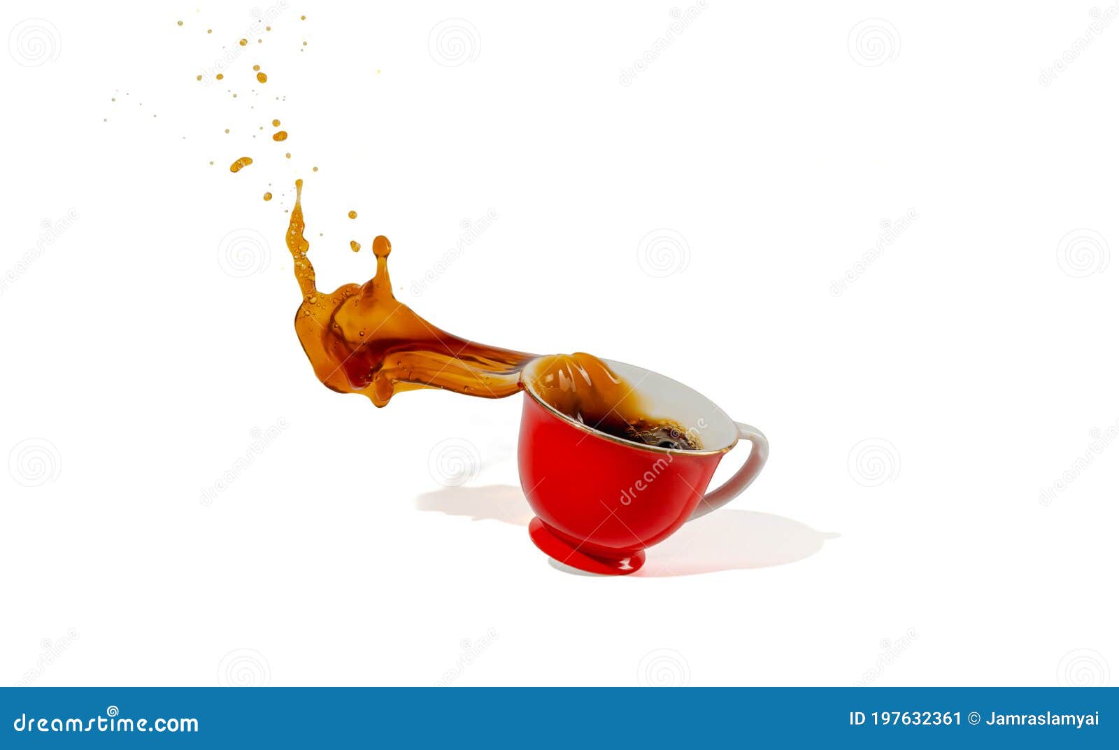 hot coffee red cup spilling and coffee water splash  on white background with shadow