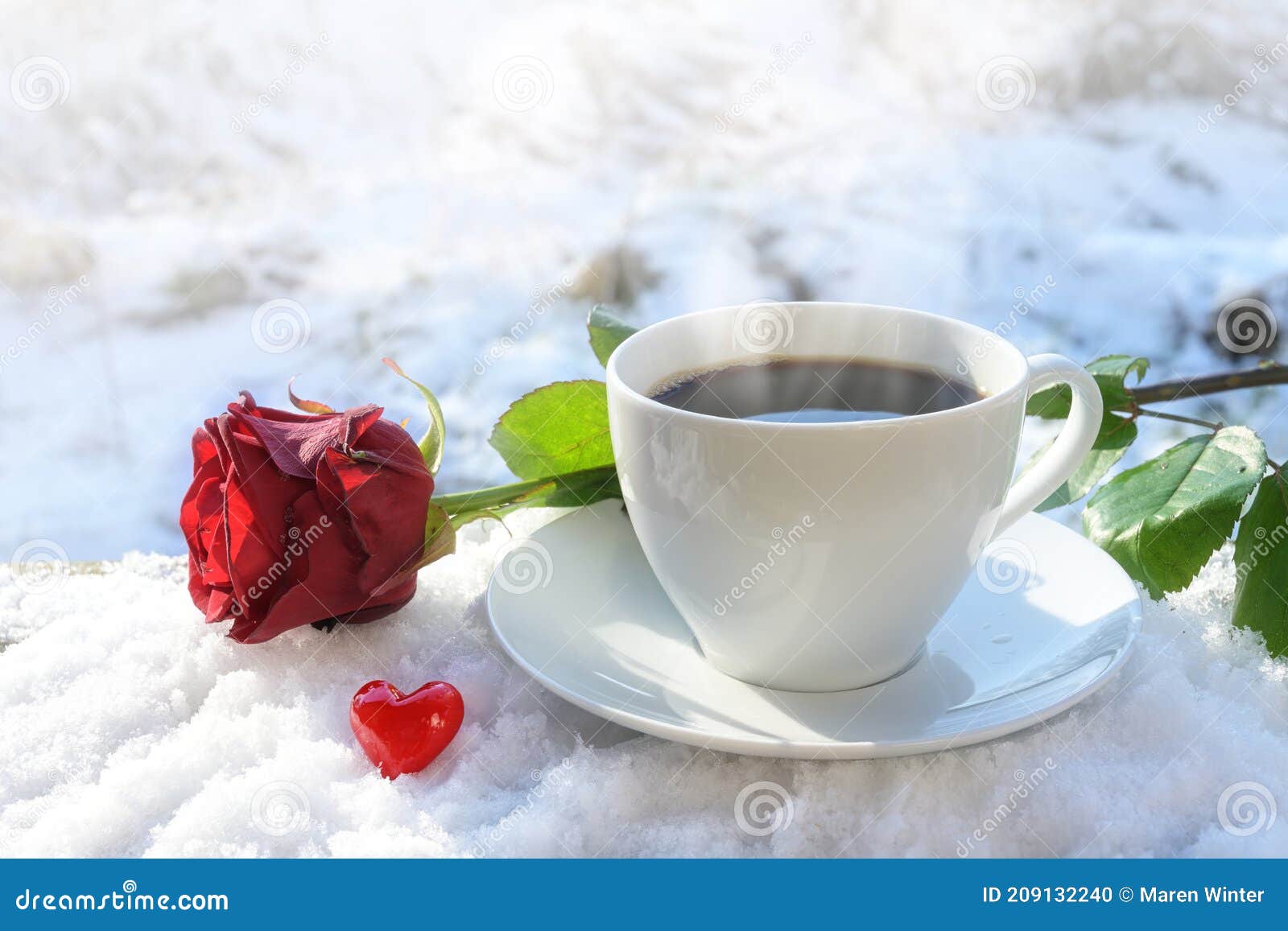 Download Hot Coffee In A White Cup Served Outdoors In The Snow Decorated With A Red Rose And A Little Heart From Glass On A Sunny Winter Stock Photo Image Of Snow Drink 209132240