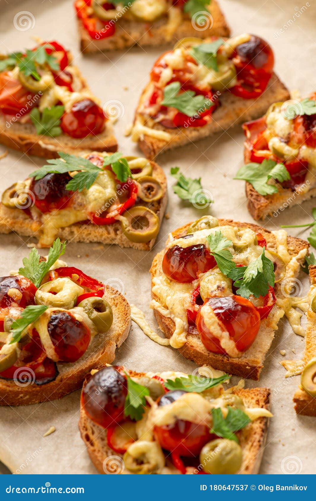 Hot Crust Toasts with Ham, Olives, Tomatoes and Cheese, Breakfast Idea