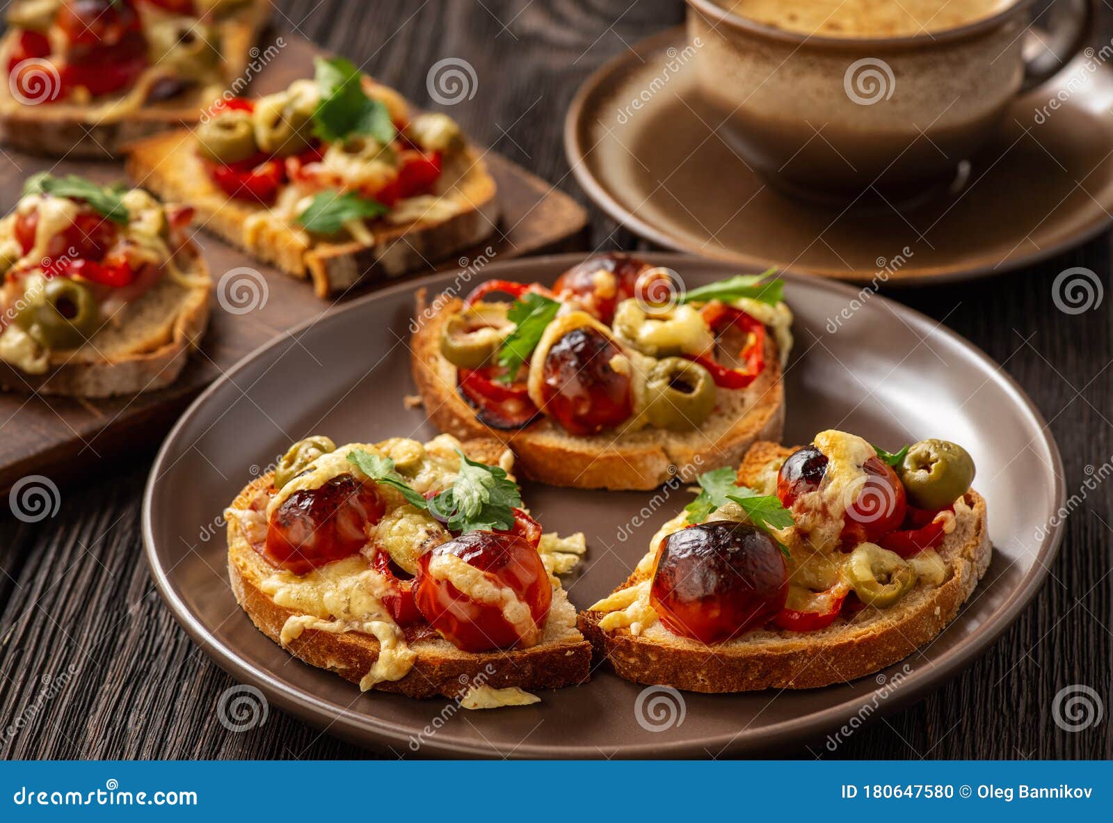 Hot Crust Toasts with Ham, Olives, Tomatoes and Cheese, Breakfast Idea