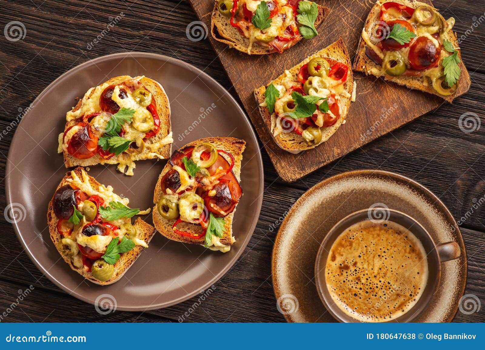 Hot Crust Toasts with Ham, Olives, Tomatoes and Cheese, Breakfast Idea