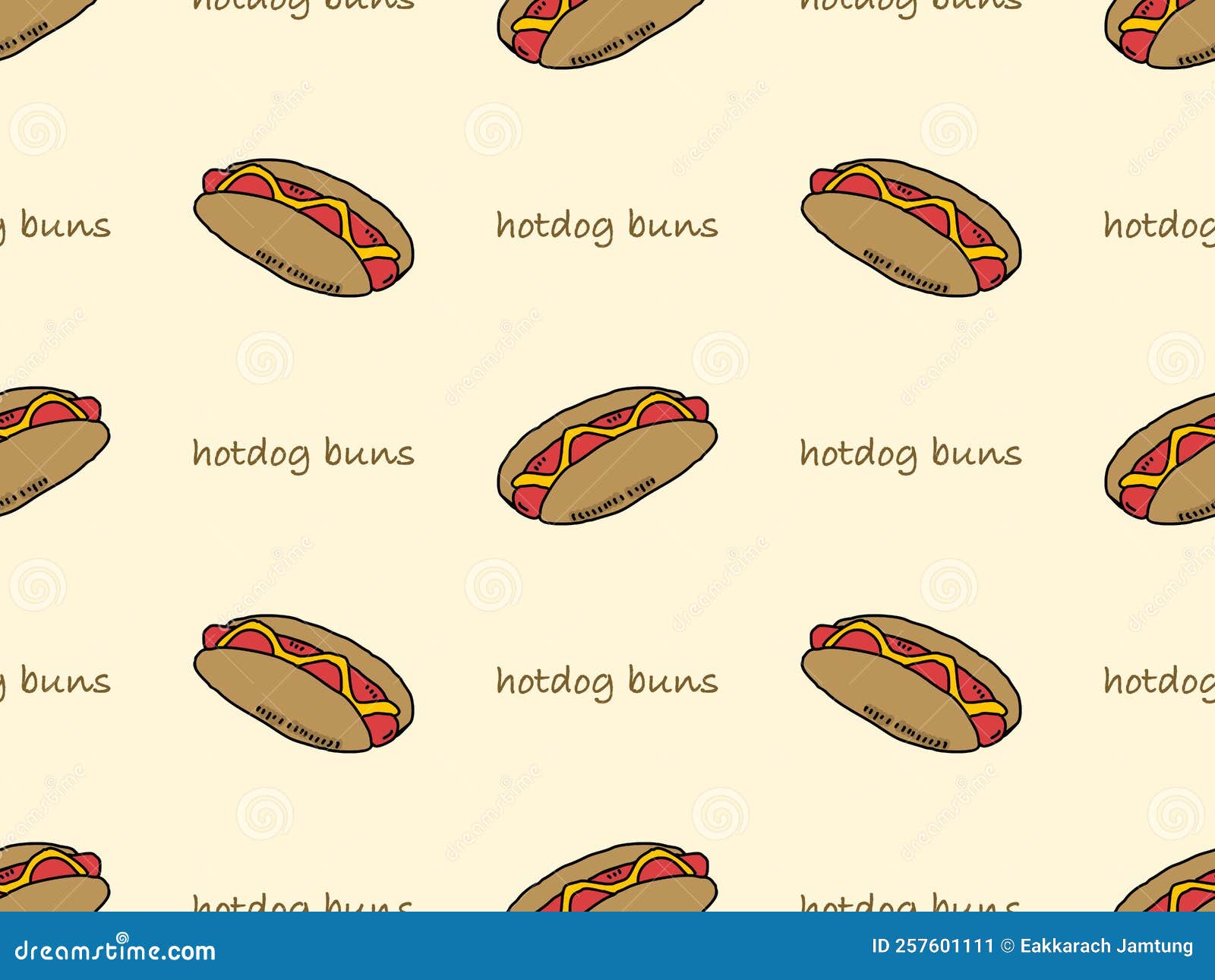 Hot Dog Buns Seamless Pattern on Yellow Background Stock Vector
