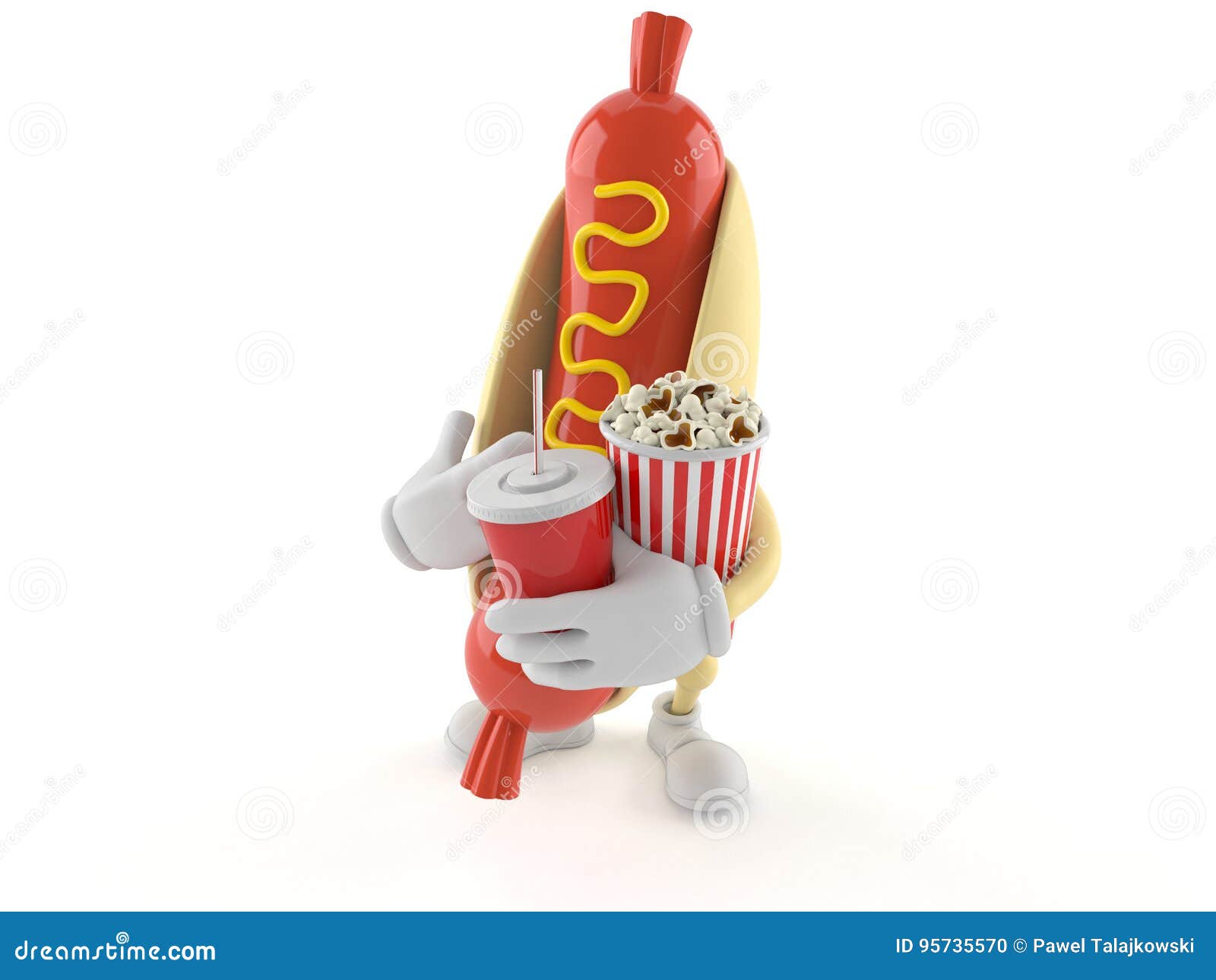 Hot Dog Character with Popcorn and Soda Stock Illustration