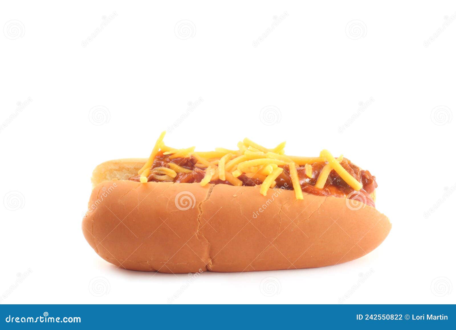 Hot Dog with Chili and Cheese with Chips Isolated on White Stock Photo