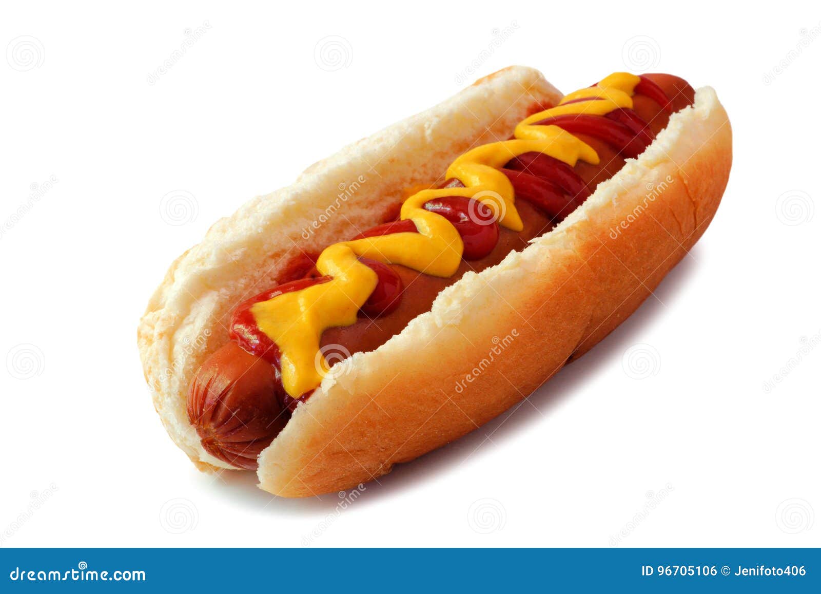 hot dog with mustard and ketchup  on white