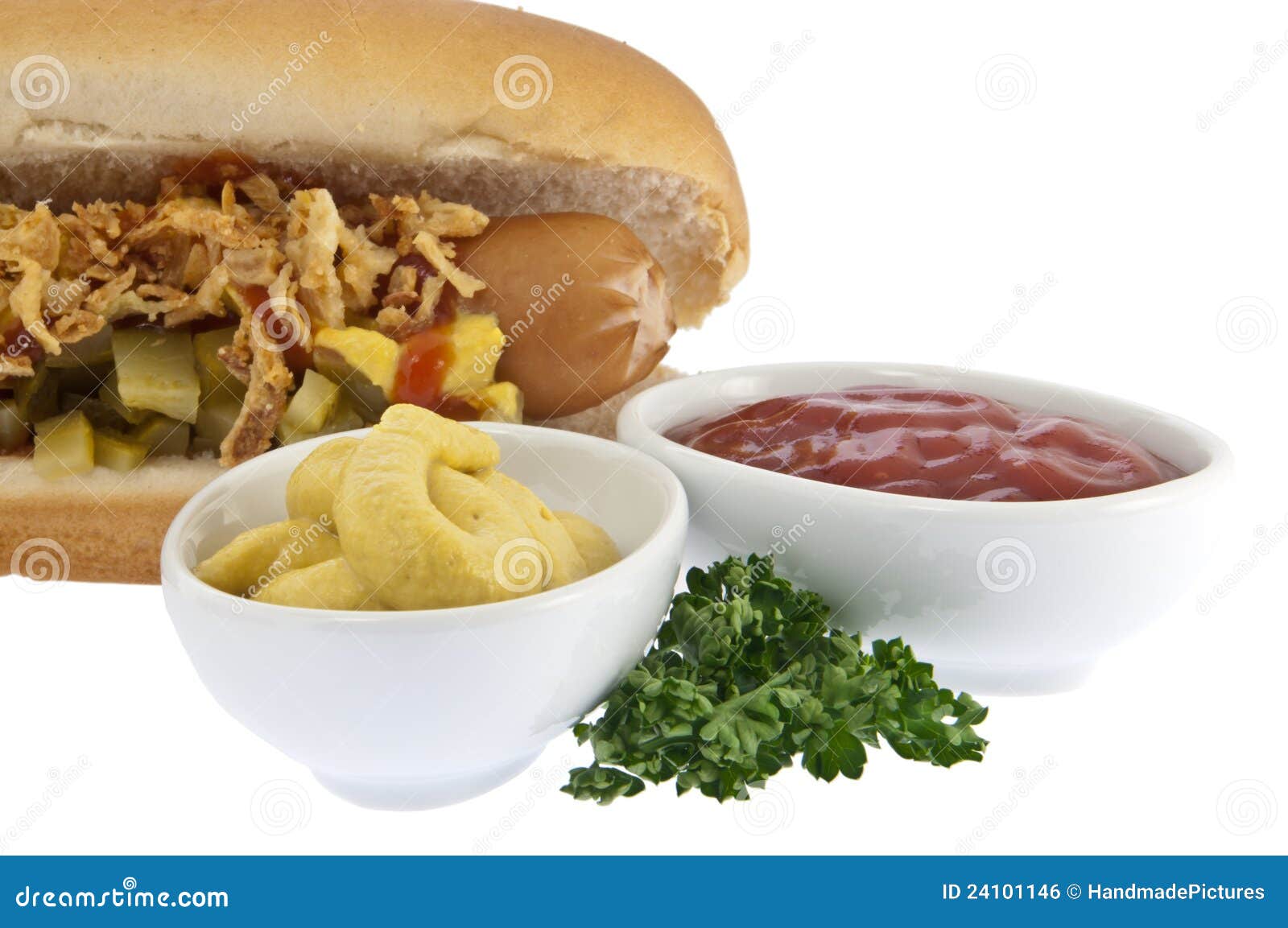 Hot Dog with Sauces in Bowls (clipping Paths) Stock Photo Image of