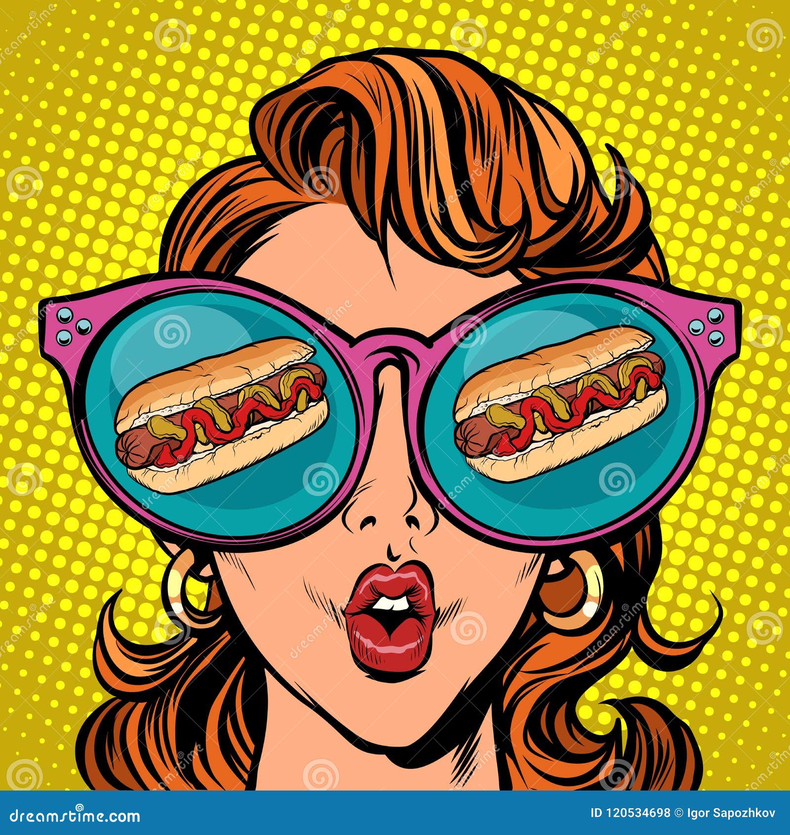 hot dog sausage ketchup mustard. woman reflection in glasses