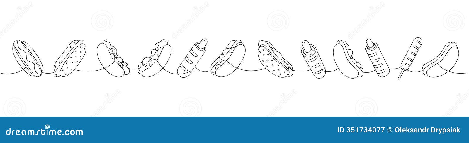 hot dog set one line continuous drawing. hotdog, french hot dog, corn dog continuous one line . 