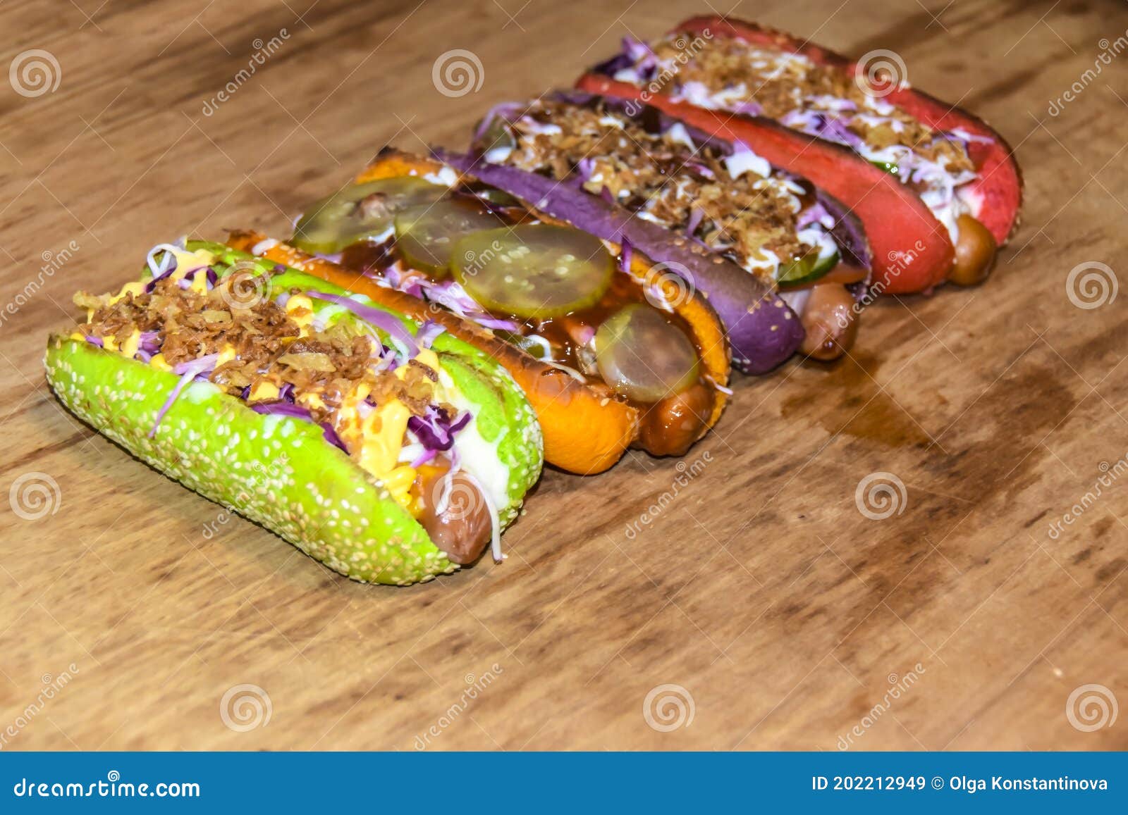 Hot Dogs Assorted Multi-colored Buns Different Toppings Stock Image ...