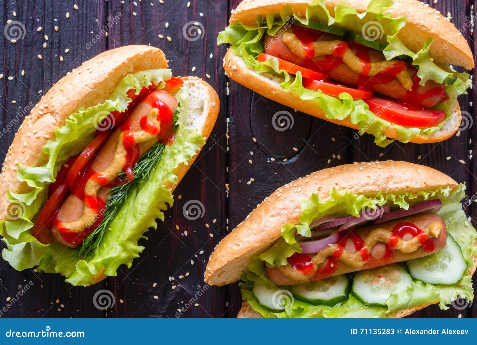 Hot Dogs Of Different Tastes On A Black Background Stock Image Image