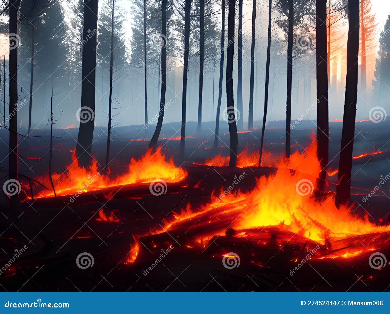 Red Hot Fire Burning Forest , Ai Generated Stock Illustration