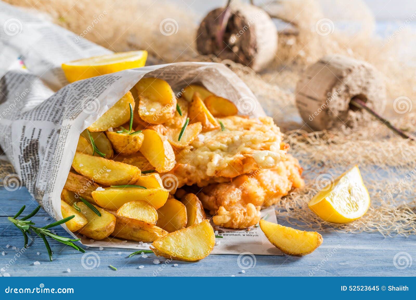 Hot Fish and Chips Served in Paper with Lemon Stock Image Image of