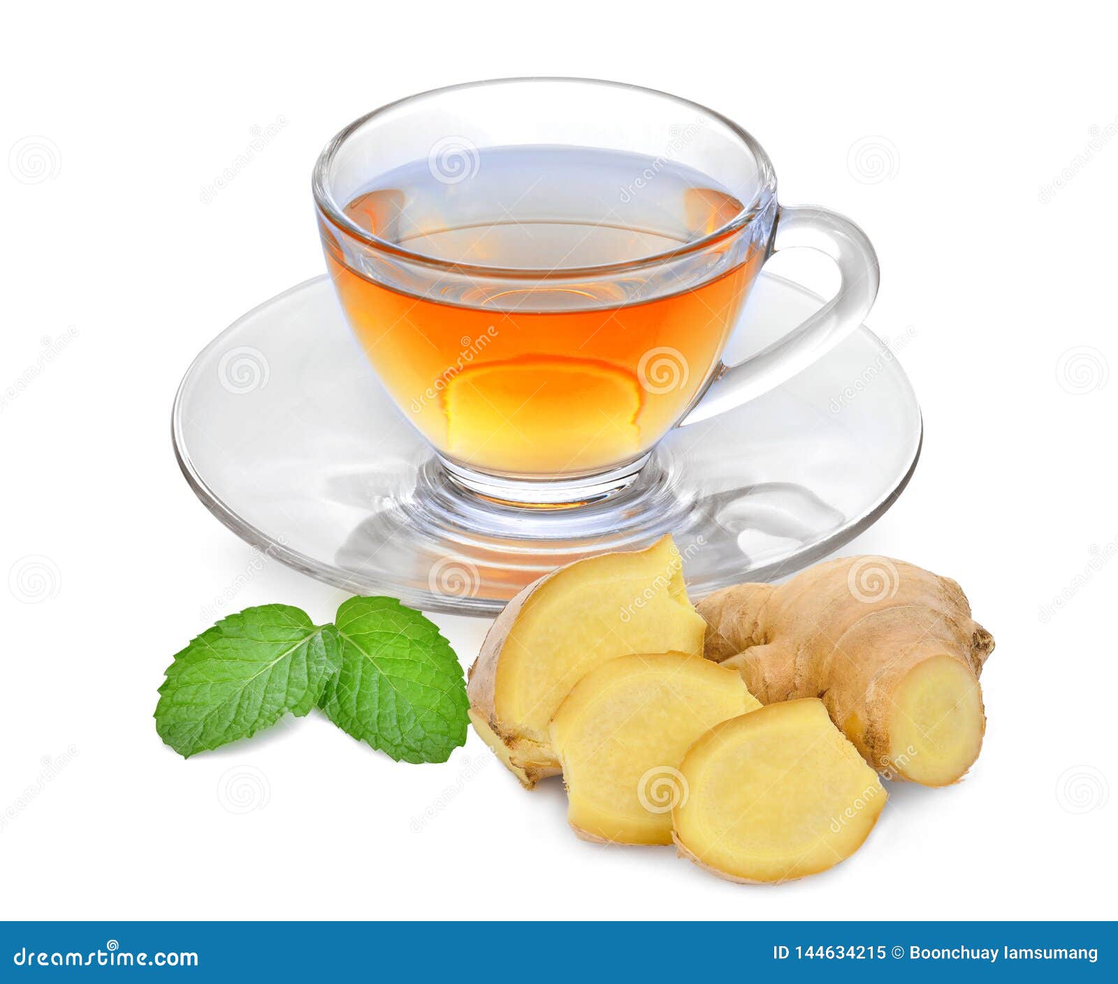 Hot Ginger Tea with Ginger Root and Mint Leaf Isolated on White Stock