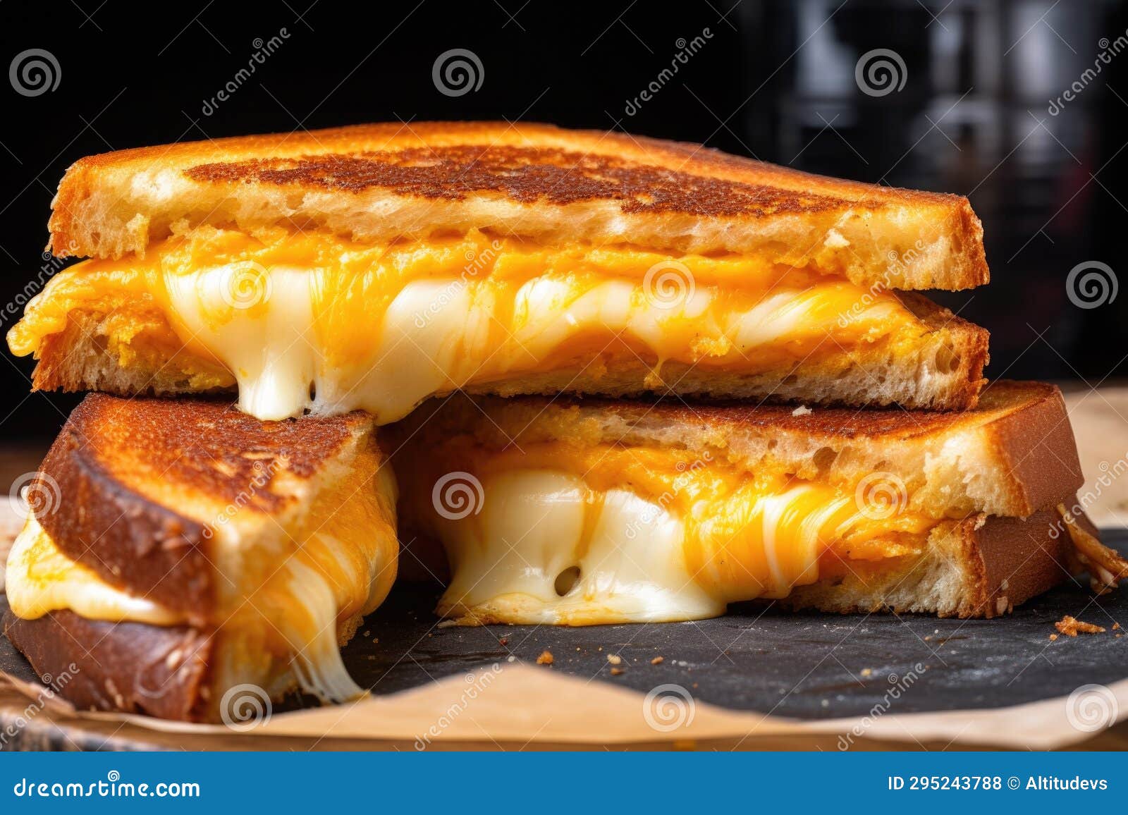 Hot Grilled Cheese Sandwich Sliced in Half, Cheese Melting Stock Photo