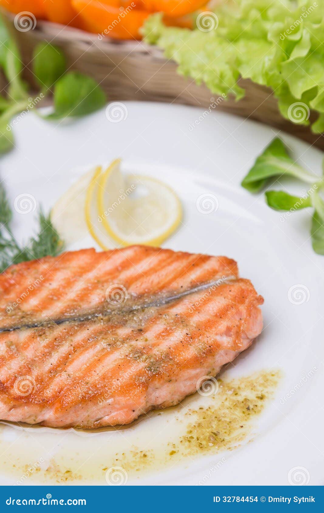 Hot Grilled Salmon with Garnish on White Plate Stock Photo Image of