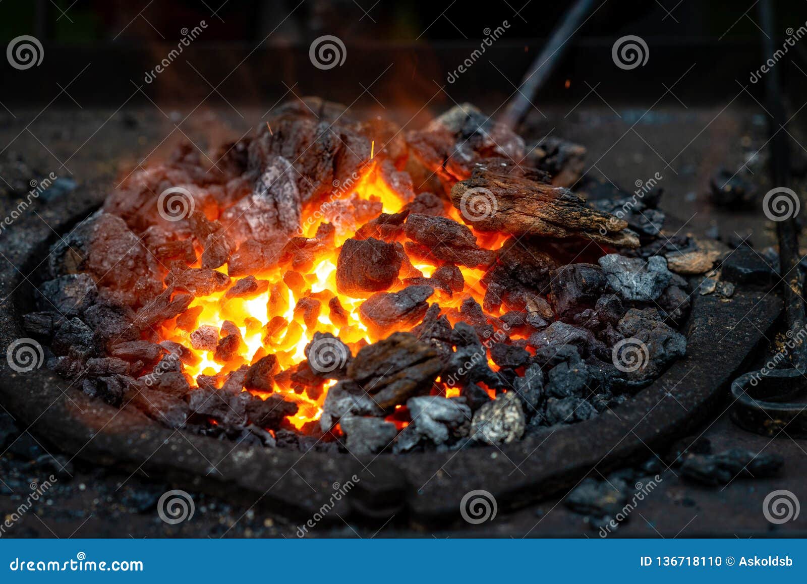 hot item is inserted into the blacksmiths forge from which the tongues of flame. concept: blacksmithing, forge.