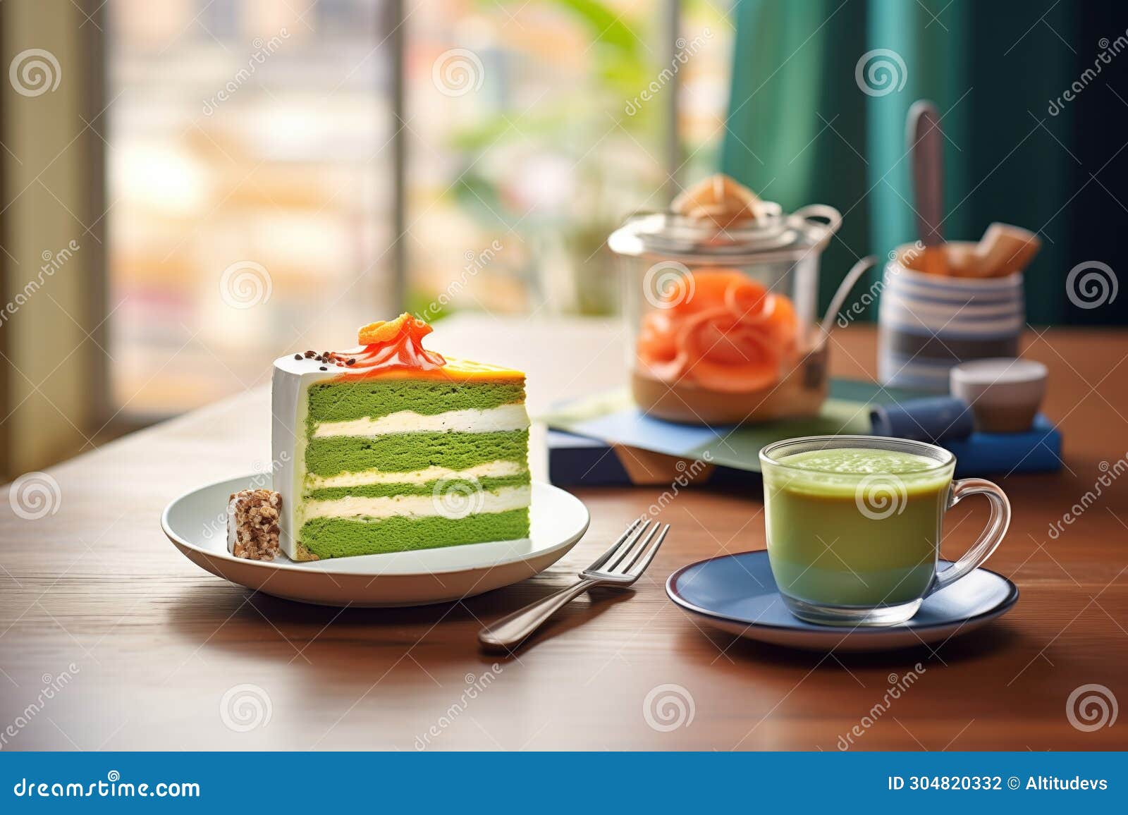 hot matcha latte with a slice of cake, caf setting
