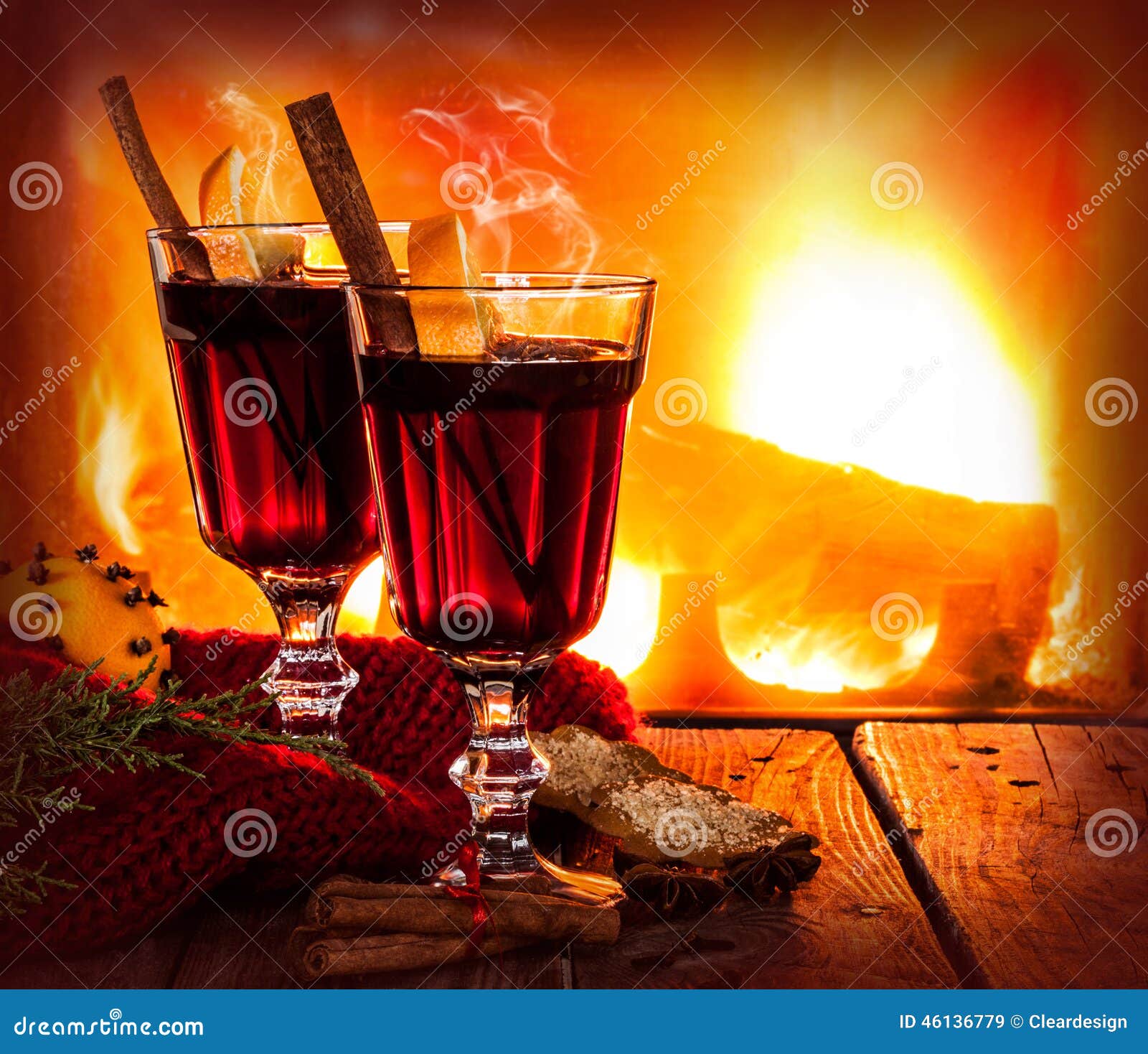 Hot Mulled Wine On Fireplace Background - Winter Warming 
