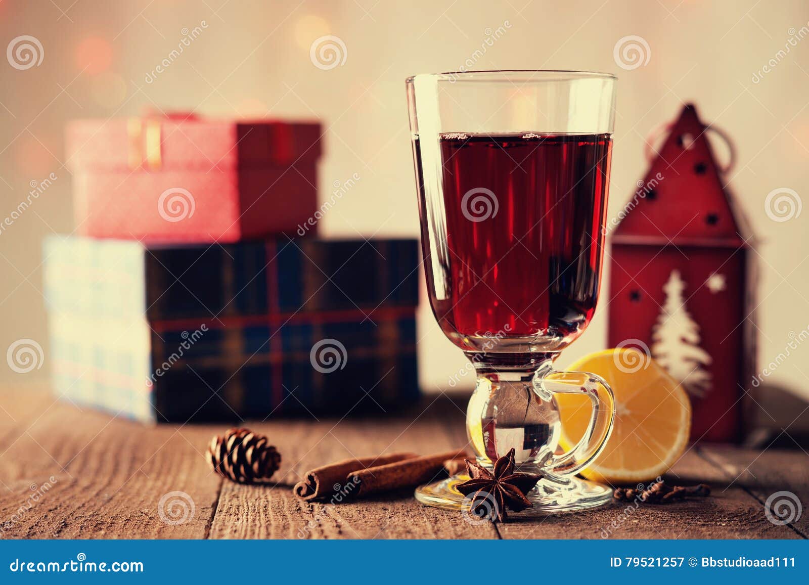 Hot Mulled Wine with Spices, Gift Boxes and House Shaped Candlestick