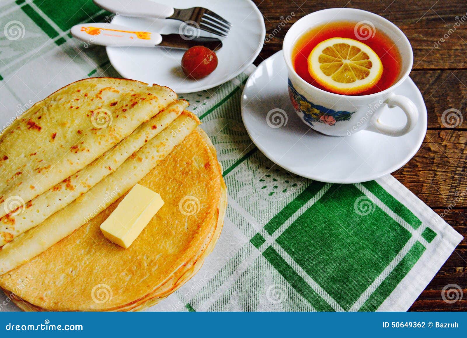 Hot Pancakes, Fragrant Tea and Butter Stock Photo Image of golden