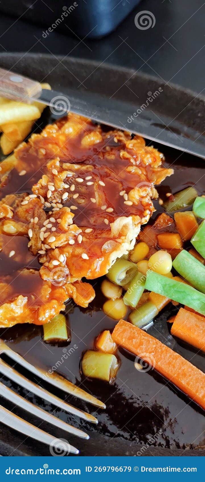 Hot Plate, Chicken Stick with BBQ Sauces and Some Vegetables Stock