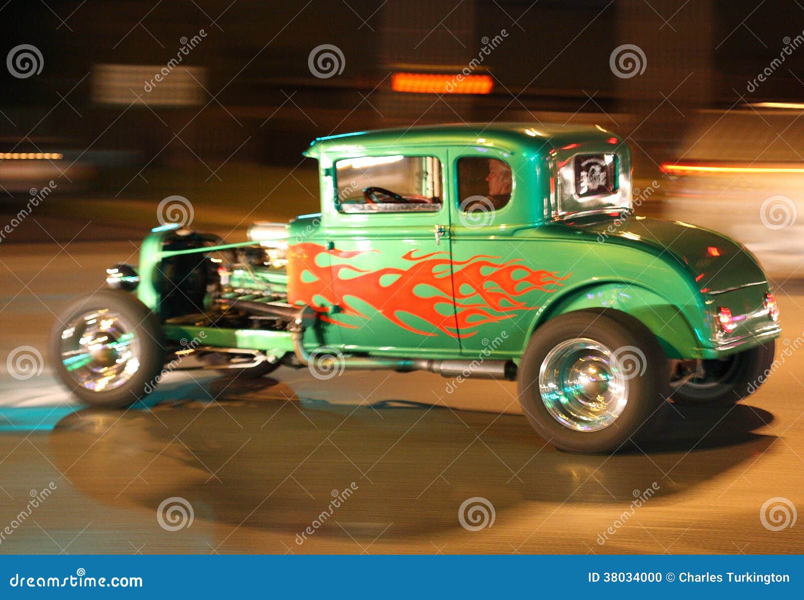 Hot Rod Cruising at Night stock photo. Image of green 38034000