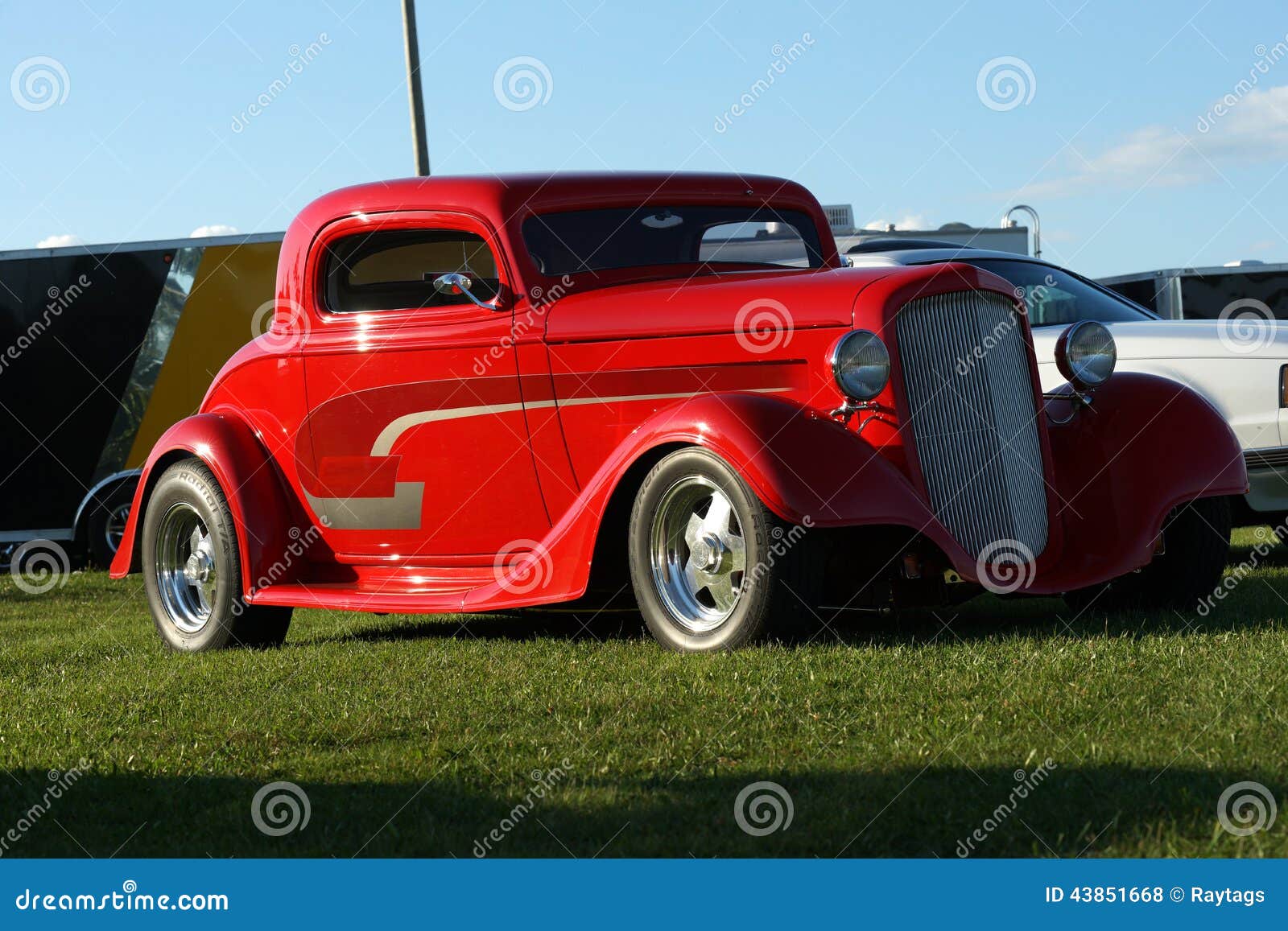 Napierville dragway august 23, 2014 front side view of classic red hot rod during car show at john scotti all out event