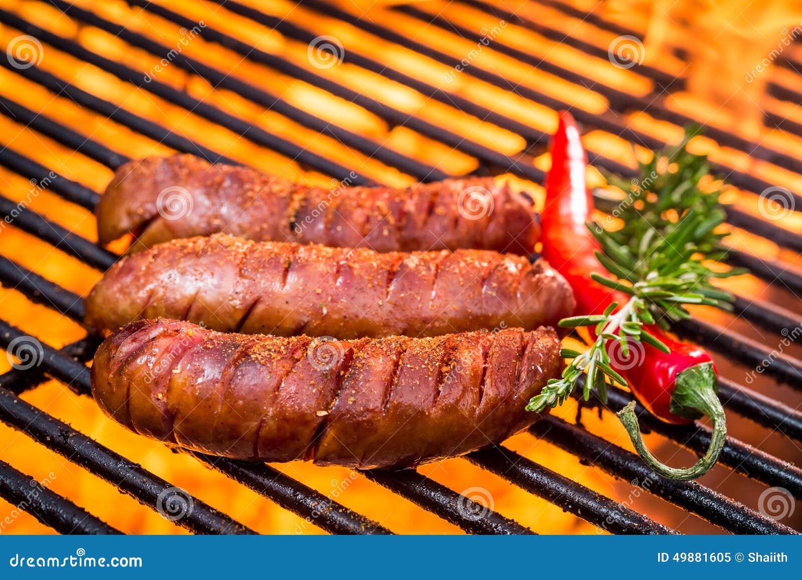 Hot Sausage on the Grill with Fire Stock Image Image of burning, meal