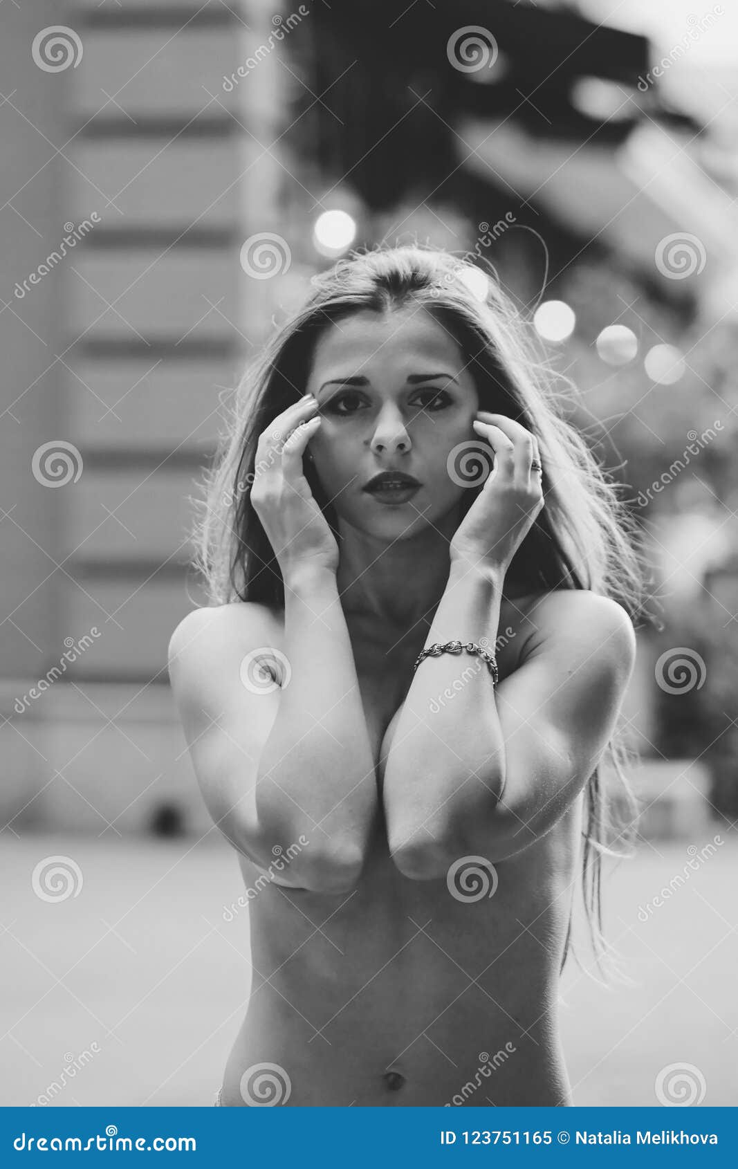 Hot Redhair Woman In The City. Half Naked Girl. Black And White.