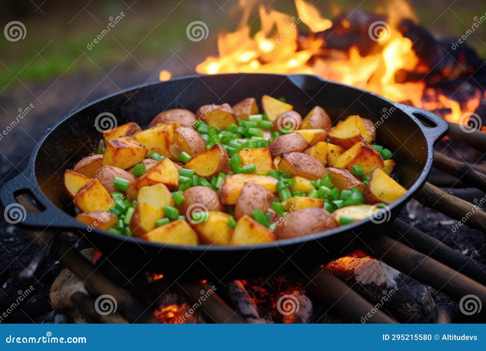 Hot Skillet on Campfire with Loaded Baked Potatoes Stock Photo Image