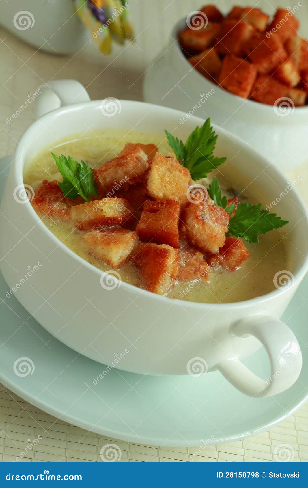 Hot Soup with Toasts in a Bowl Stock Photo Image of prepared, heat