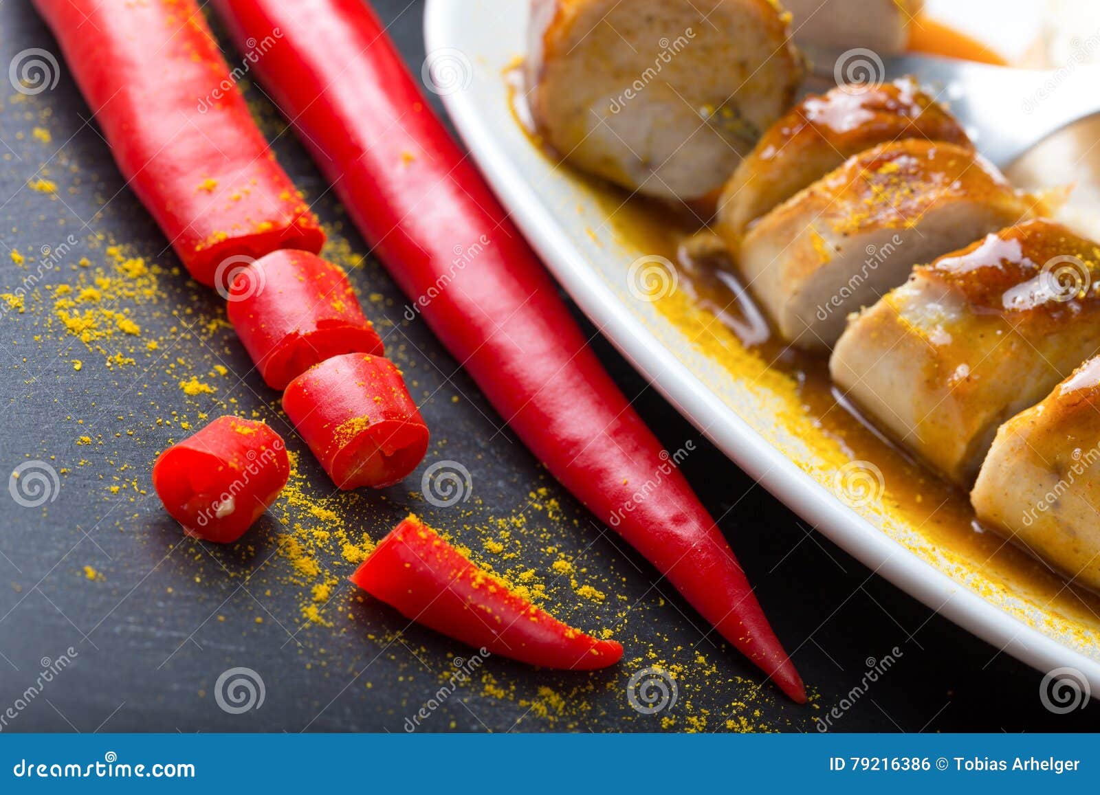 Hot spicy currywurst stock photo. Image of roasted, grilled - 79216386