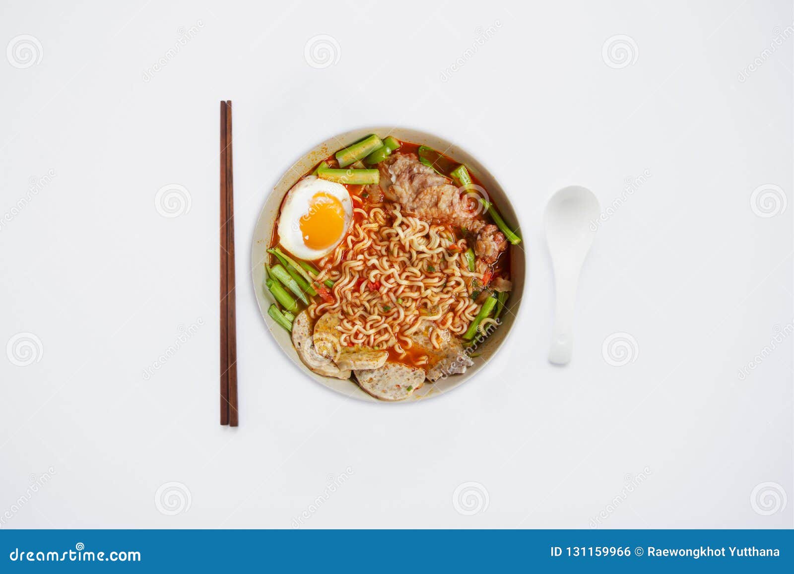 Hot And Spicy Noodle In Bowl And Ingredients On Isolated White ...
