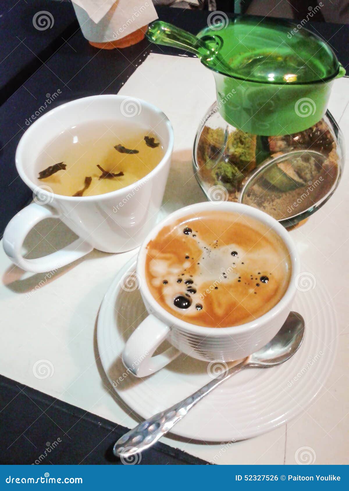 Hot tea and espresso stock photo. Image of wood, bean 52327526