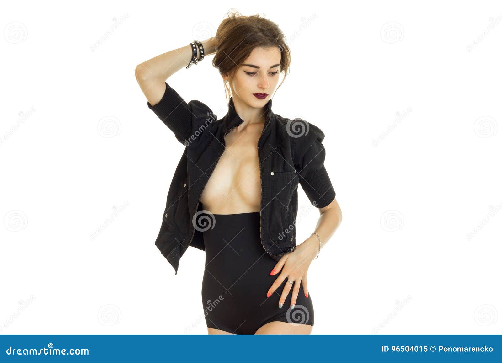 Sexual Lady With Big Boobs Without Bra Wears A Black Jacket And Panties  Isolated On White Background Stock Photo, Picture and Royalty Free Image.  Image 83002976.
