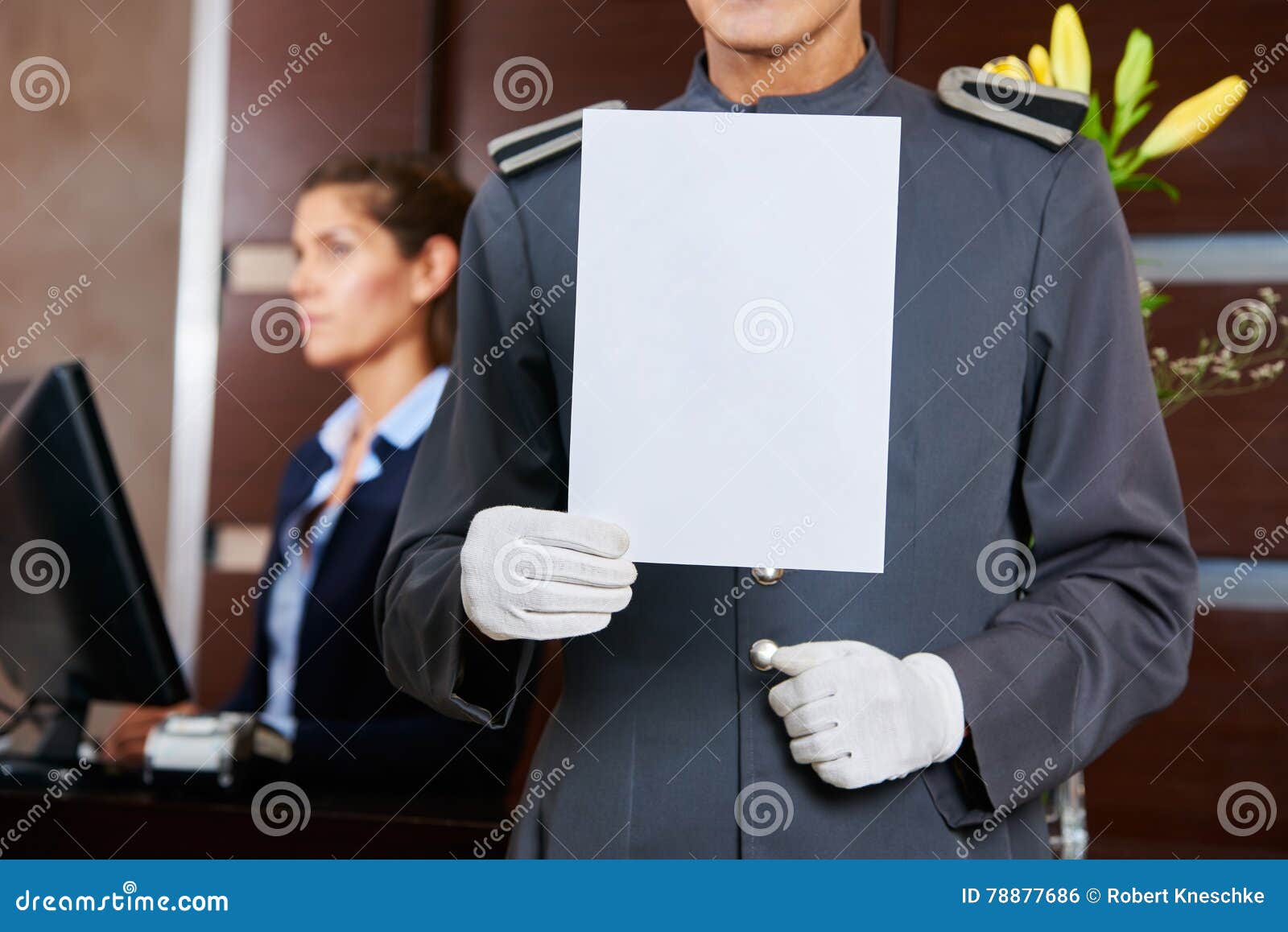 Hotel Clerk Holding Blank Sign Stock Photo Image of hand, porter