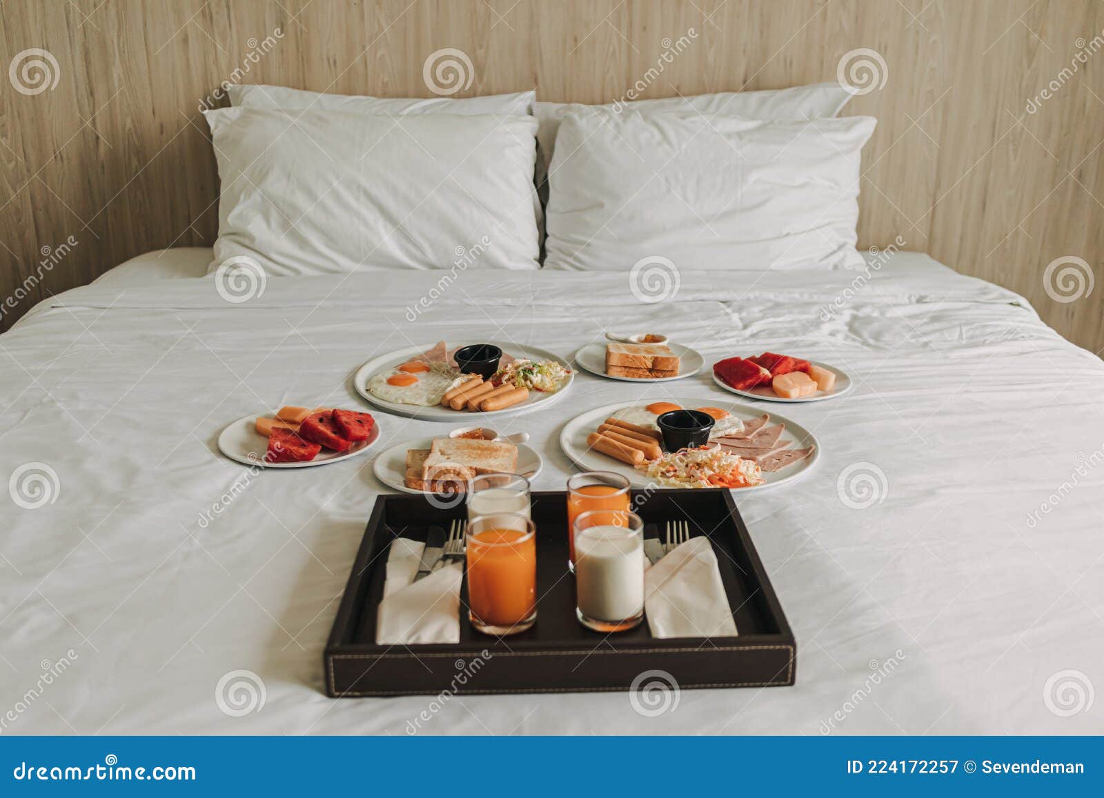 Hotel Complimentary Breakfast Served on White Bed. Stock Image Image