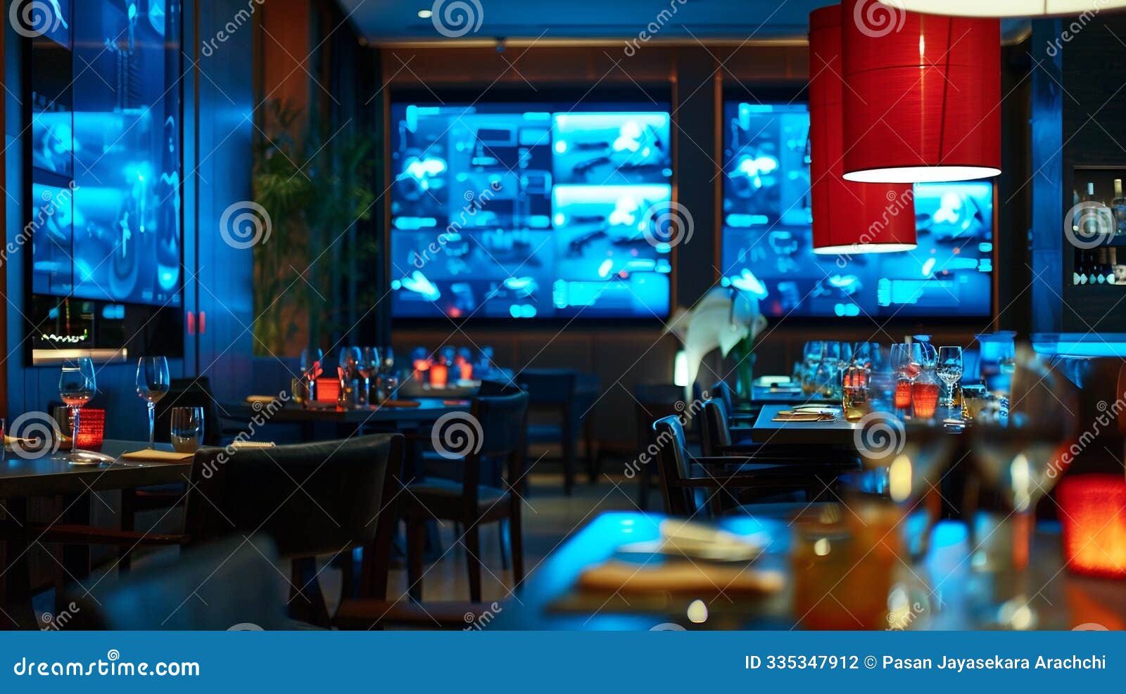 hotel dining area features interactive digital menus and ambient lighting